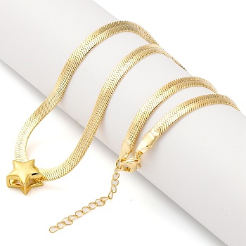 Brass Star Pendant Necklaces, Flat Snake Chain Necklaces for Women, Real 18K Gold Plated, 17.32 inch(44cm)