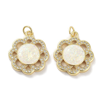 Brass Micro Pave Clear Cubic Zirconia Pendants, with Synthetic Opal and Jump Rings, Real 18K Gold Plated, Flower Charms, White, 21x18.5x3.5mm, Hole: 3mm