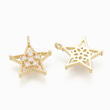 Brass Micro Pave Cubic Zirconia Charms, Star, Nickel Free, Real 18K Gold Plated, 11.5x10x1.5mm, Hole: 1mm
