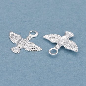 Brass Charms, Bird, 925 Sterling Silver Plated, 8.5x9x1mm, Hole: 1.2mm