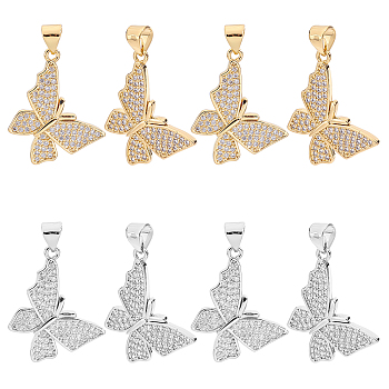 8Pcs 2 Colors Brass Micro Pave Clear Cubic Zirconia Pendants, Real 18K Gold & Platinum, Butterfly, Mixed Color, 29x20x2mm, Hole: 4x3.5mm, 4pcs/color