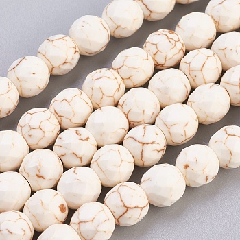 Natural Magnesite Beads Strands, Faceted, Round, Floral White, 8mm, Hole: 1mm, about 46pcs/strand, 15.74 inch
