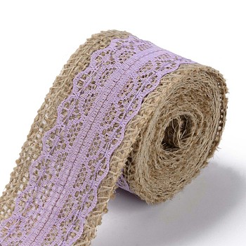 Burlap Ribbon, Hessian Ribbon, Jute Ribbon, with Lace, for Jewelry Making, Lilac, 1-1/2 inch(38mm), about 2m/roll, 24rolls/bag