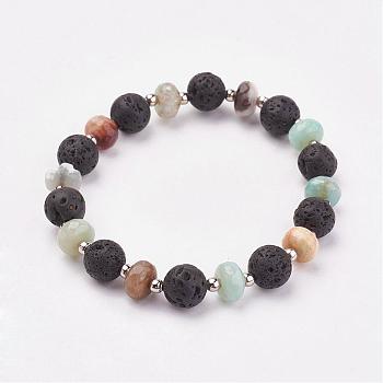 Natural Amazonite & Lava Rock Stretch Bracelets, with Iron Beads, 2 inch(49mm)