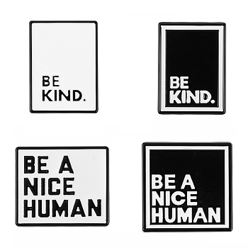 4Pcs 4 Style Be A Nice Human & Be Kind Enamel Pin, Rectangle Alloy Enamel Brooch for Backpacks Clothes, Electrophoresis Black, Mixed Color, 21.5~24.8x18~25x10.4~11mm, 1pc/style