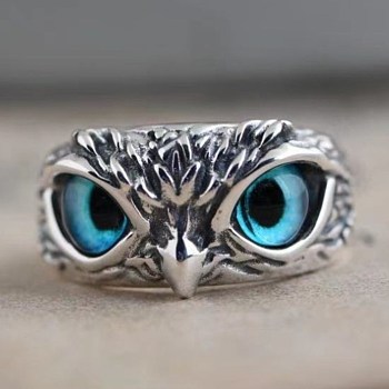 Men's Alloy Finger Rings, with Rhinestone, Owl, Sky Blue, Antique Silver, US Size 7 3/4(17.9mm)