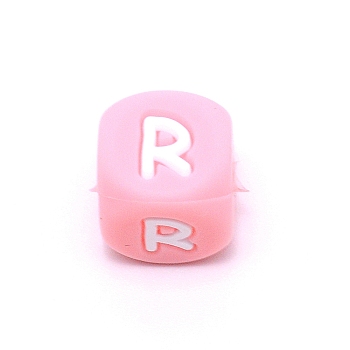 Silicone Alphabet Beads for Bracelet or Necklace Making, Letter Style, Pink Cube, Letter.R, 12x12x12mm, Hole: 3mm