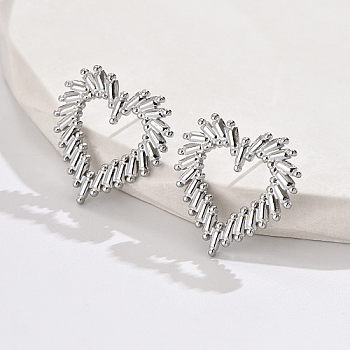 304 Stainless Steel Stud Earrings, Hollow Heart, Stainless Steel Color, 26x24mm