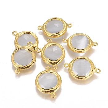 Cat Eye Links connectors, with Brass Findings, Faceted, Flat Round, Golden, 29~31x20~21x6~7mm, Hole: 1.8mm