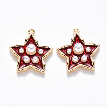 Brass Enamel Pendants, with ABS Plastic Imitation Pearl, Nickel Free, Star, Real 18K Gold Plated, FireBrick, 15.5x14.5x4mm, Hole: 1mm