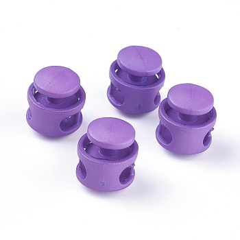 Plastic Spring Cord Locks, with Iron Findings, Platinum, Dark Violet, 17x17x16mm, Hole: 4x6.5mm