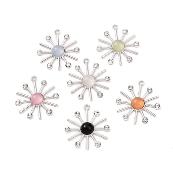 Alloy Crystal Rhinestone Pendants, Sun Charms, with Mixed Color Glass Imitation Cat Eye, Platinum, 31x28x5mm, Hole: 2mm