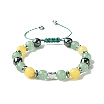 Natural Green Aventurine & Topaz Jade & Brass Heart Braided Bead Bracelet, Adjustable Bracelet for Women, Inner Diameter: 2-1/8~3-3/8 inch(5.4~8.6cm)