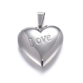 316 Stainless Steel Locket Pendants, Love Heart, Stainless Steel Color, 29x29x7mm, Hole: 9x5mm