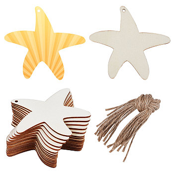Animal Theme Unfinished Blank Wooden Pendants Set for Painting Arts, Pyrography, Home Decor, with Jute Cord, Starfish, 9.8x10x0.2cm, Hole: 3.5mm, 20pcs