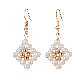 Natural Pearl Dangle Earrings, Golden Brass Wire Wrap Jewelry for Women, Rhombus Pattern, 44mm, Pin: 0.7mm
