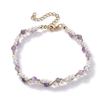 Natural Amethyst & Shell Pearl Beaded Bracelets, Round Beads Braided Bracelet for Women, Golden, 11 inch(28cm)