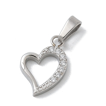 Ion Plating(IP) 304 Stainless Steel Micro Pave Cubic Zirconia Pendants, Heart Charms, Stainless Steel Color, 11.5x10x1.7mm, Hole: 4x2.5mm