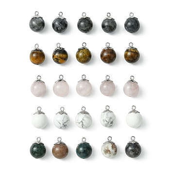 Natural Mixed Stone Pendant, with 201 Stainless Steel Cup Peg Bails Charms, Round, 14~15x10~11mm, Hole: 1.5mm