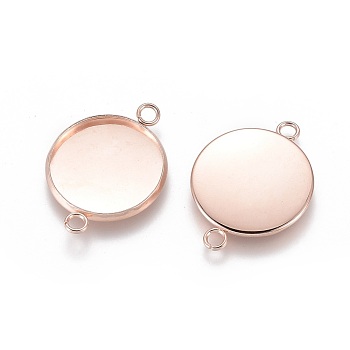 201 Stainless Steel Cabochon Connector Settings, Plain Edge Bezel Cups, Flat Round, Rose Gold, Tray: 18mm, 27x20x2mm, Hole: 2mm