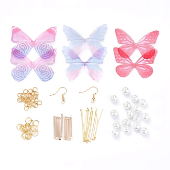 DIY Dangle Earring Making, with Brass Earring Hooks & Ball Head Pins, Organza Fabric, Iron Bar Links &  Jump Rings, Glass Pearl Beads, Butterfly, Mixed Color, 19x17x0.5mm, Hole: 2mm, 20pcs