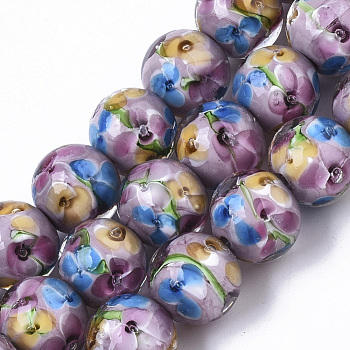 Handmade Lampwork Beads Strands, Inner Flower, Round, Orchid, 11.5~12.5x10.5~11.5mm, Hole: 1.4mm, about 45pcs/Strand, 19.69 inch~20.08 inch