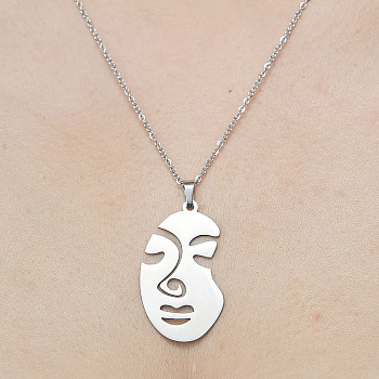 201 Stainless Steel Hollow Abstract Face Pendant Necklace, Stainless Steel Color, 17.72 inch(45cm)