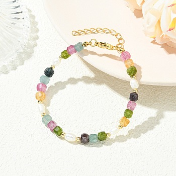 Natural Multicolor Tourmaline & Brass Beaded Bracelets for Women, Cube, 7.48 inch(19cm)