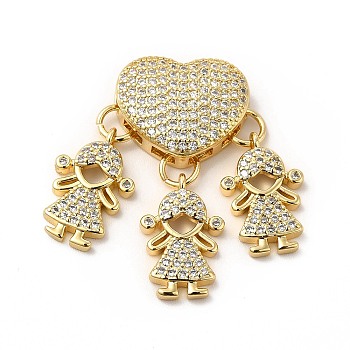 Rack Plating Brass Micro Pave Cubic Zirconia Pendants, Cadmium Free & Lead Free, Real 18K Gold Plated, Heart & Girl Charm, Clear, 30mm, Hole: 4x1.6mm
