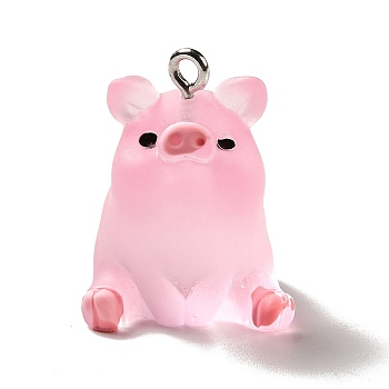 Translucent Resin Pendants, Pig Charm, with Platinum Tone Iron Findings, Pearl Pink, 24x19x19mm, Hole: 2mm
