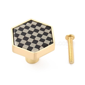 Hexagon with Grid Pattern Brass Box Handles & Knobs, with Resin Cabochons and Iron Screws, Matte Gold Color(DIY-P054-A01)