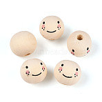 Printed Schima Wood Beads, Round with Facial Expression, Old Lace, 18.5~19.5mm, Hole: 5mm(WOOD-T033-02A)