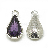Alloy Glass Pendants, Faceted, teardrop, Platinum, Purple, 18x10x5mm, Hole: 2mm(PALLOY-T029-8x13mm-16)