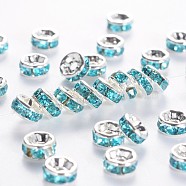 Brass Grade A Rhinestone Spacer Beads, Silver Color Plated, Nickel Free, Aquamarine, 5x2.5mm, Hole: 1mm(RSB035NF-13)