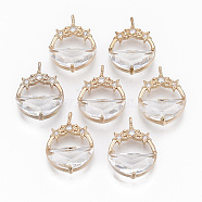 Glass Pendants, with Brass Micro Pave Cubic Zirconia Findings, Faceted, Flat Round with Star, Light Gold, Clear, 21.5x15.5x5.5mm, Hole: 1.2mm(X-GLAA-T021-01D)