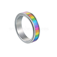 Rainbow Color Pride Flag Enamel Rectangle Rotating Ring, Stainless Steel Fidge Spinner Ring for Stress Anxiety Relief, Stainless Steel Color, US Size 8(18.1mm)(RABO-PW0001-038D)