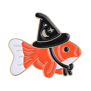 Fish with Witch Hat Enamel Pin, Alloy Animal Brooch for Clothes Backpack, Tomato, 27x30mm(ANIM-PW0005-05)