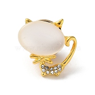Cat Badge, Zinc Alloy Rhinestone Brooches, with Cat Eye & Butterfly Clutches, for Women, Golden, 17x17x6mm(JEWB-F022-03G)