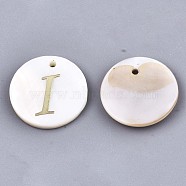 Natural Freshwater Shell Pendants, with Golden Plated Brass Etched Metal Embellishments, Flat Round with Letter, Letter.I, 15x2mm, Hole: 1.2mm(SHEL-N027-04I)