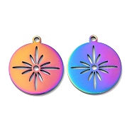 Ion Plating(IP) 304 Stainless Steel Pendants, Flat Round with Flower Charm, Rainbow Color, 22.5x20x1mm, Hole: 1.8mm(STAS-L020-002RC)