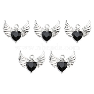 Rack Plating Alloy Glass Pendants, Cadmium Free & Lead Free & Nickle Free, Platinum, Faceted Heart Charm with Wing, Black, 20x22x4mm, Hole: 1.8mm(FIND-YW0001-85A)