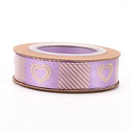 Polyester Ribbons, Single Face Golden Hot Stamping, for Gifts Wrapping, Party Decoration, Heart Pattern, Orchid, 5/8 inch(17mm), 10yards/roll(9.14m/roll)(SRIB-H038-02D)