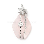 Natural Rose Quartz Pendants, Teardrop Charm, with Stainless Steel Color Plated 304 Stainless Steel Snowflake Findings, 42.5x22.5x8.5mm, Hole: 3mm(G-G870-04P)