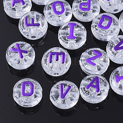 Plating Transparent Acrylic Beads, with Glitter Powder, Metal Enlaced, Horizontal Hole, Flat Round with Letter, Blue Violet, 10x6mm, Hole: 1.8mm, about 1580pcs/500g(MACR-T032-03C)