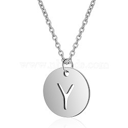 201 Stainless Steel Initial Pendants Necklaces, with Cable Chains, Flat Round with Letter, Stainless Steel Color, Letter.Y, 16.3 inch(40cm), 1mm(NJEW-S069-TN507-Y)
