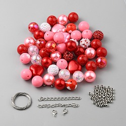 DIY Bubblegum Bracelet Pendant Decoration Making Kit for Valentine's Day, Including Acrylic & Iron Beads, Alloy Clasp, End Chains, Wire, Red, Beads: 19.5~24x19.5~26.5x13.5~20mm, Hole: 2~3mm, 50Pcs/set(DIY-CJC0007-02)
