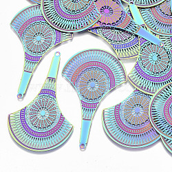 Ion Plating(IP) 304 Stainless Steel Filigree Big Pendants, Etched Metal Embellishments, Fan, Rainbow Color, 63x37.5x0.3mm, Hole: 1.8mm(STAS-S108-89)