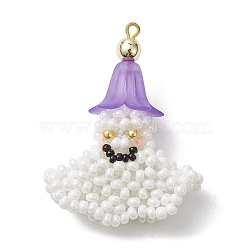 Halloween Theme Handmade Glass Seed Beads Woven Pendants, Ghost Charms, White, 49.5x37.5x18mm, Hole: 2x1.7mm(PALLOY-MZ00216)