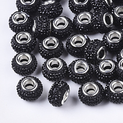 Opaque Resin European Beads, Large Hole Beads, Bayberry Beads, with Platinum Tone Brass Double Cores, AB Color, Rondelle, Black, 14x9.5mm, Hole: 5mm(RPDL-T038-008A)