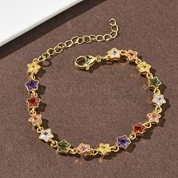 Star Brass Pave Cubic Zirconia Link Chain Bracelets for Women, Rack Plating, Cadmium Free & Lead Free, Long-Lasting Plated, Golden, Mixed Color, 6.34 inch(16.1cm)(BJEW-P385-03G)